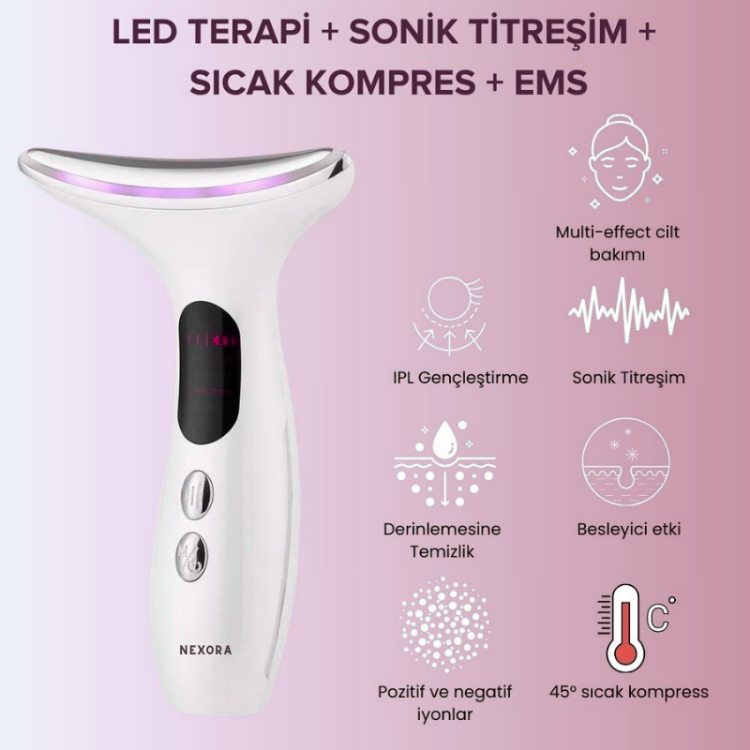 Nexora | LED Işıklı Titreşimli Yüz ve Boyun Sıkılaştırma Terapi Cihazı
